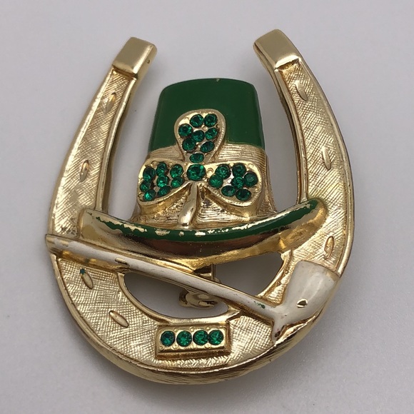 B.J. VTGHorseshoe St. Patrick's Day Green Rhinestones, Enamel & Gold tone Pin - Picture 2 of 7